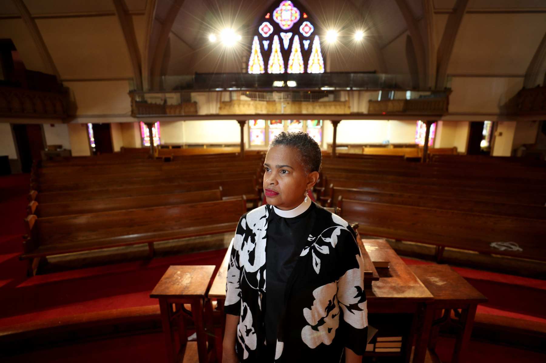 Leslie D. Callahan, pastor of St. Paul's Baptist Church, poses for a portrait, at her church in Philadelphia, PA on April 8, 2020.