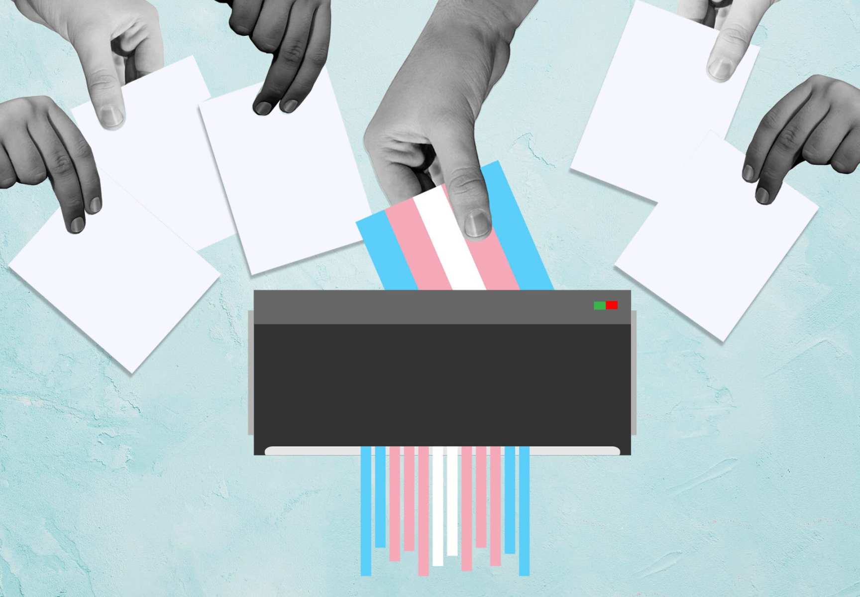 Hands putting ballots in a ballot box, but with the trans flag being shredded instead.