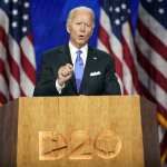 Joe Biden standing at a podium during the Democratic National Convention.