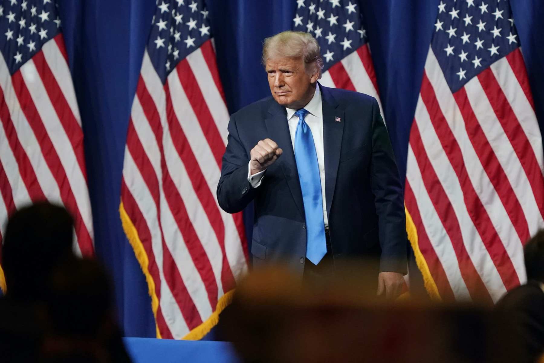 Donald Trump standing in front of a row of American flags.