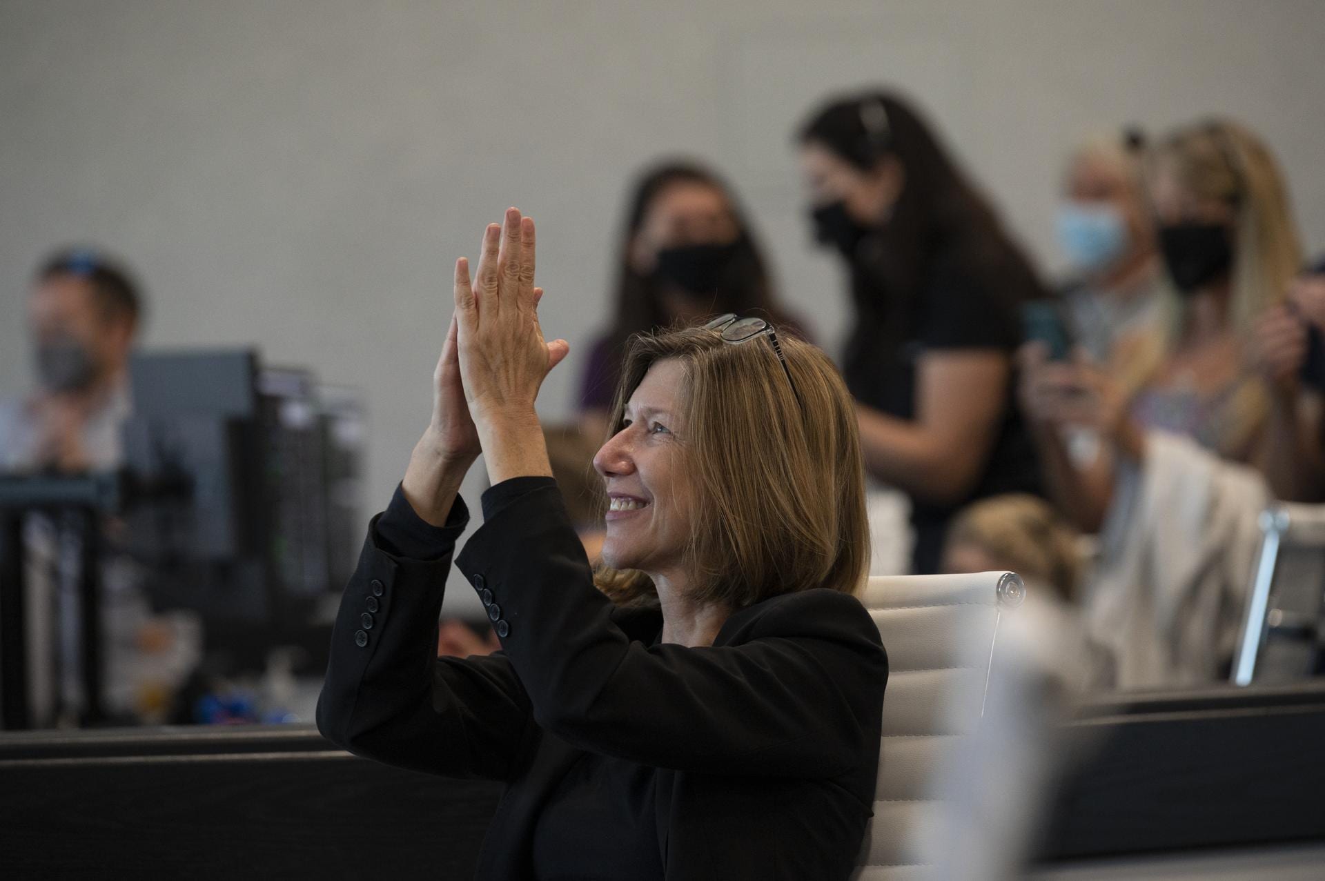 Kathy Lueders, manager of NASA's Commercial Crew Program, is seen after the hatches are opened between SpaceX’s Crew Dragon spacecraft with NASA astronauts Douglas Hurley and Robert Behnken onboard and the International Space Station, Sunday, May 31, 2020,