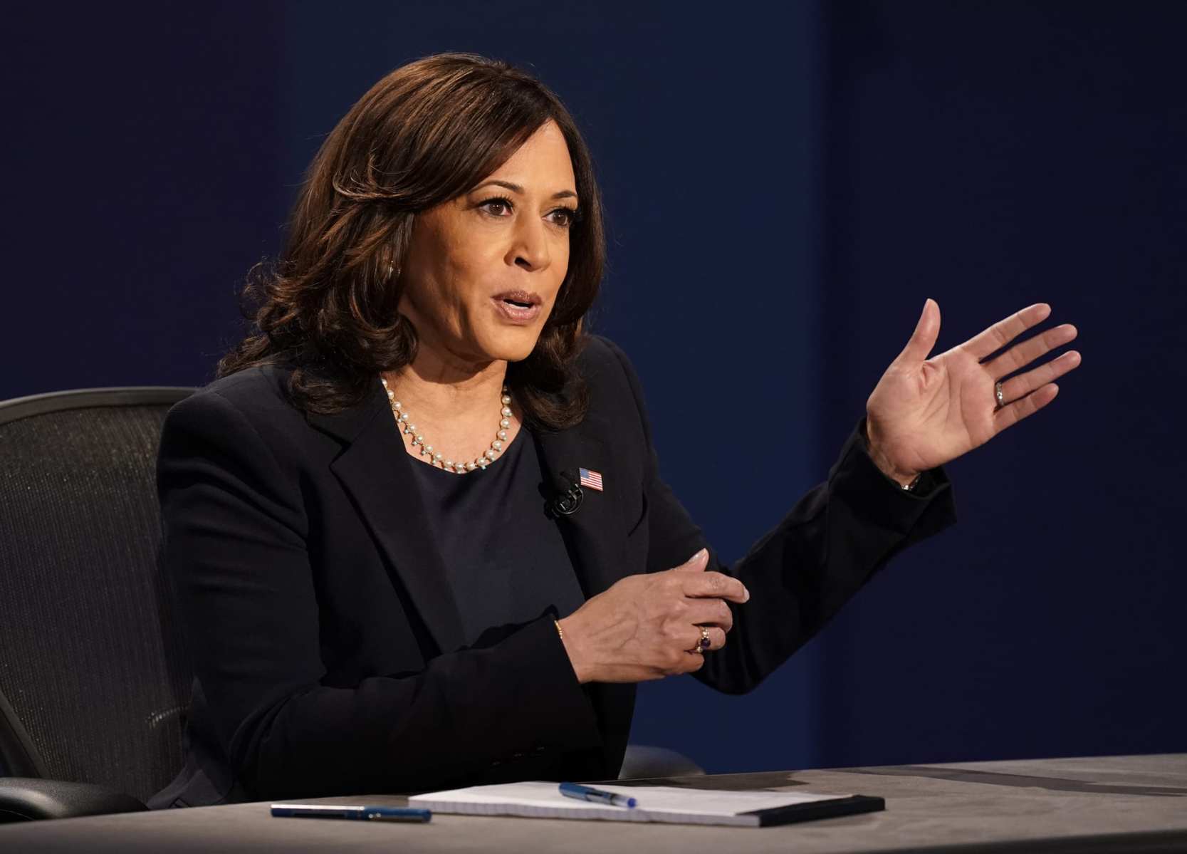 Democratic vice presidential candidate Sen. Kamala Harris, D-Calif., makes a point during the vice presidential debate Vice President Mike Pence Wednesday, Oct. 7, 2020, at Kingsbury Hall on the campus of the University of Utah in Salt Lake City.