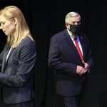 Missouri gubernatorial candidates, Gov. Mike Parson, and State Auditor Nicole Galloway are seen onstage before the Missouri gubernatorial debate at the Missouri Theatre on Friday, Oct. 9, 2020 in Columbia, Missouri. (Robert Cohen/St. Louis Post-Dispatch via AP, Pool)