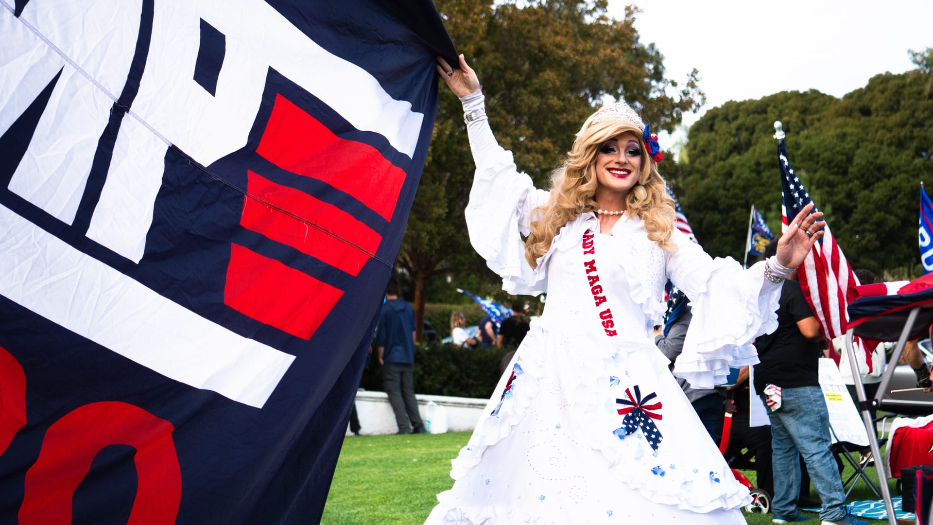 Drag queen Lady Maga USA at a Trump rally in full costume.