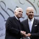 Sen. John McCain and Joe Biden together on stage.