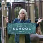 Jill Biden speaking at a podium at a playground.