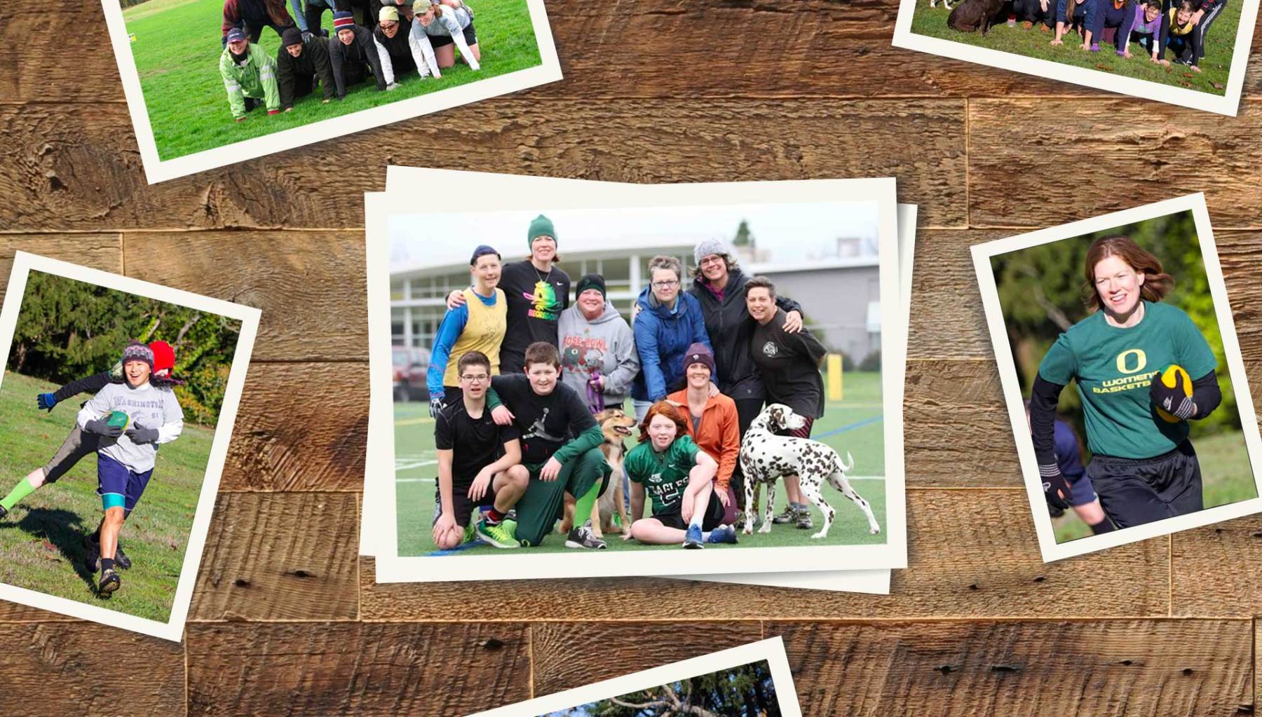 A photo composite of a group playing football.