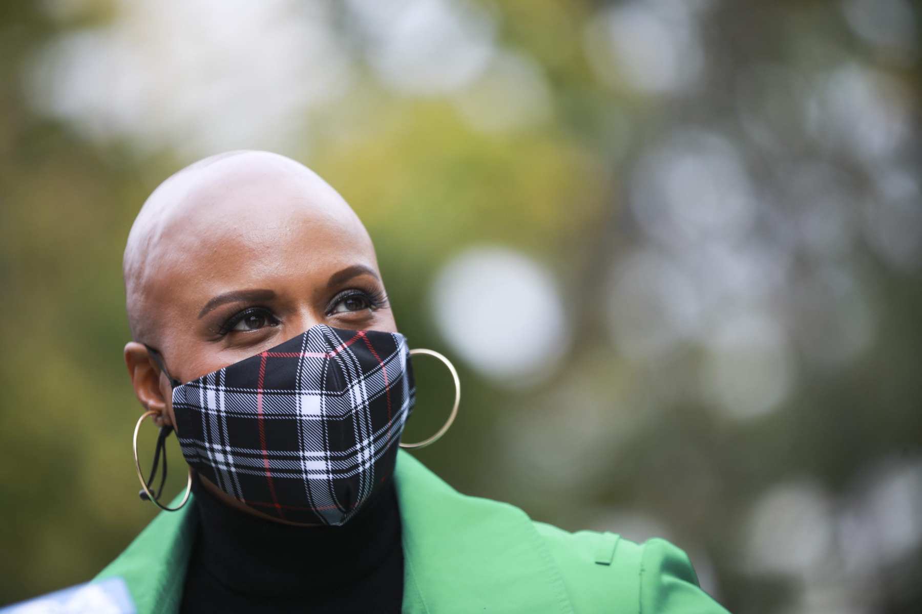 BOSTON, MA: October 24, 2020: Representative Ayanna Pressley speaks to the press after casting her early ballot at the John A. Shelburne Community Center in Boston, Massachusetts.