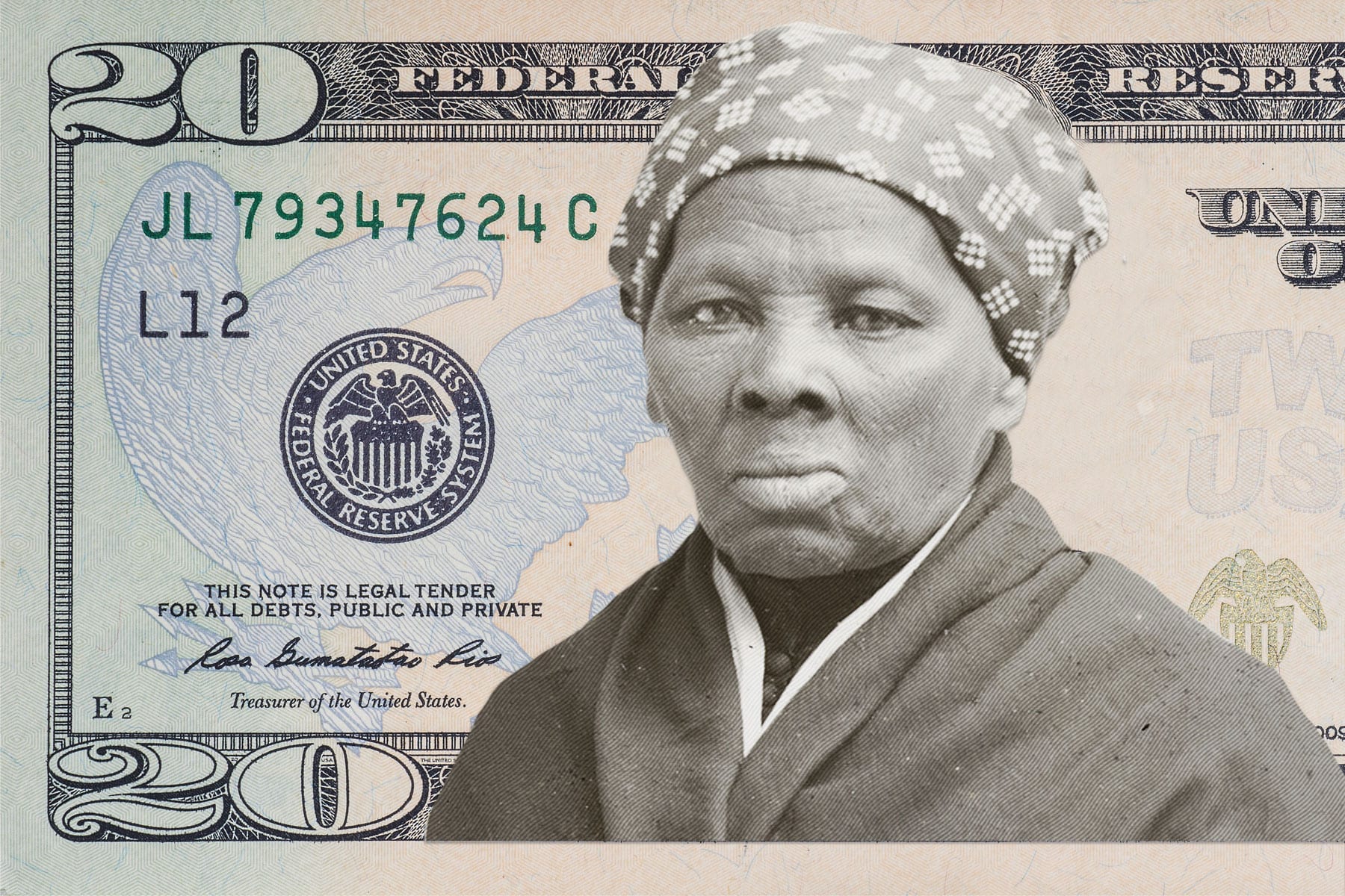 A composite image of Harriet Tubman on a twenty-dollar bill.