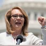 Former US Congresswoman Gabrielle Giffords speaks on Capitol Hill.