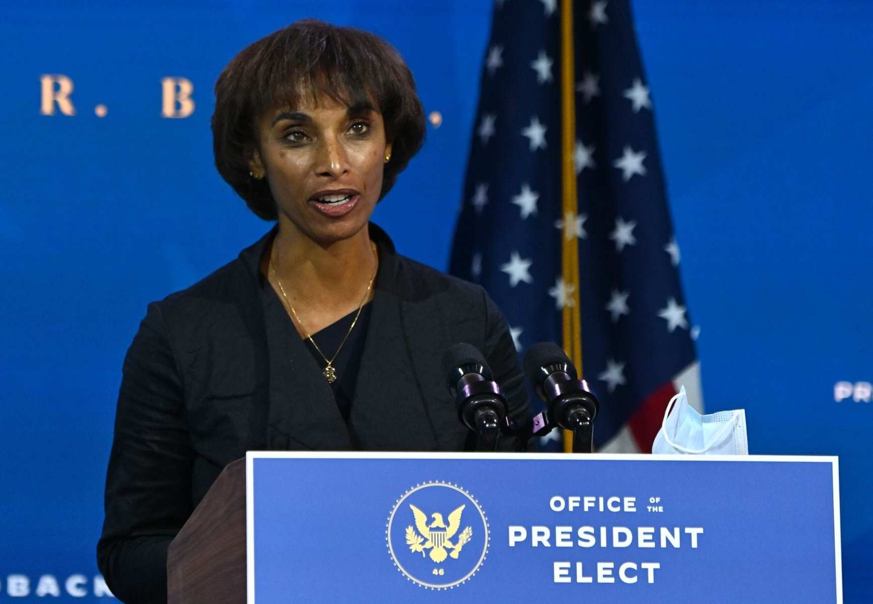 Chair of Council of Economic Advisers nominee Cecilia Rouse speaks at a podium.