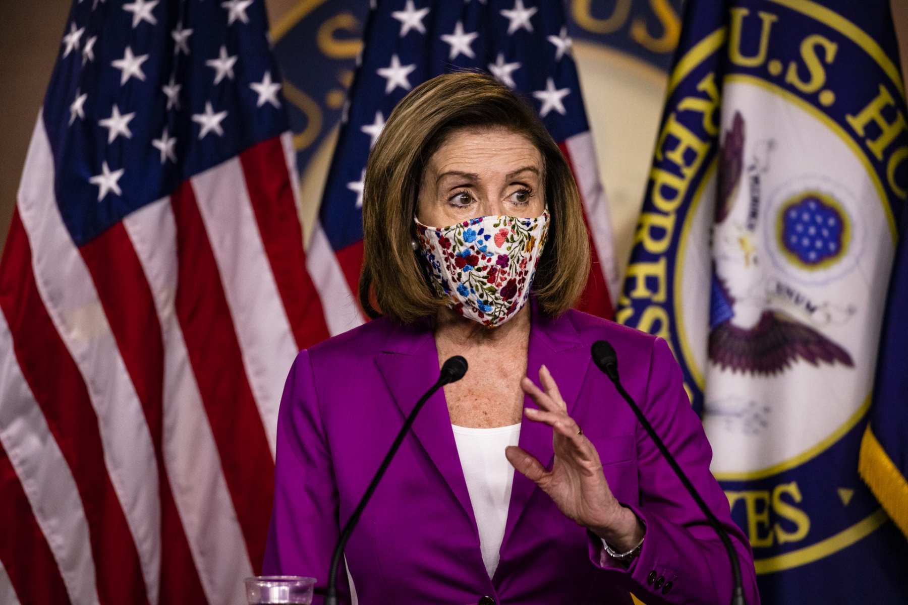 House Speaker Nancy Pelosi Holds Weekly News Conference with mask on.