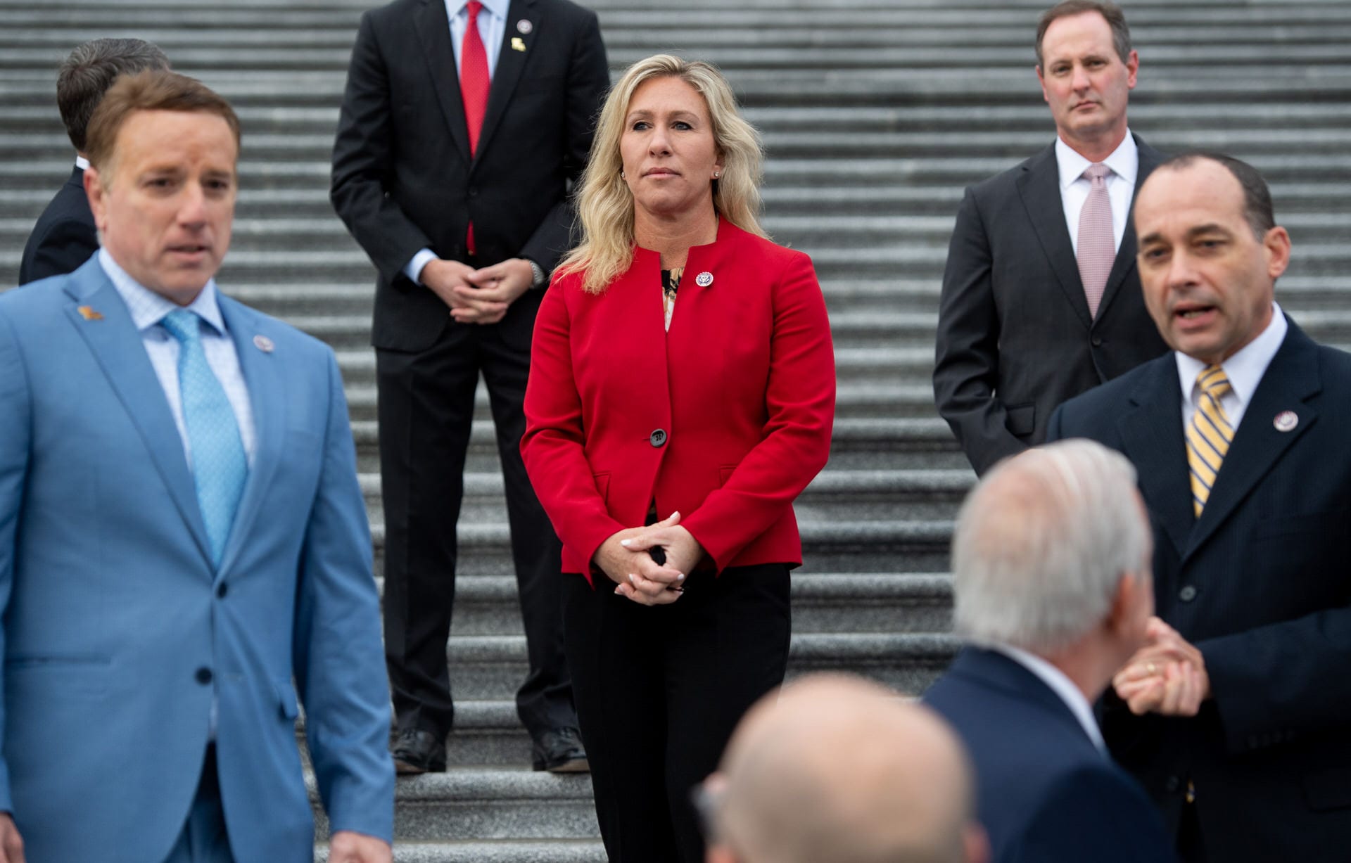 Marjorie Taylor Greene on the Capitol steps on Jan. 4.