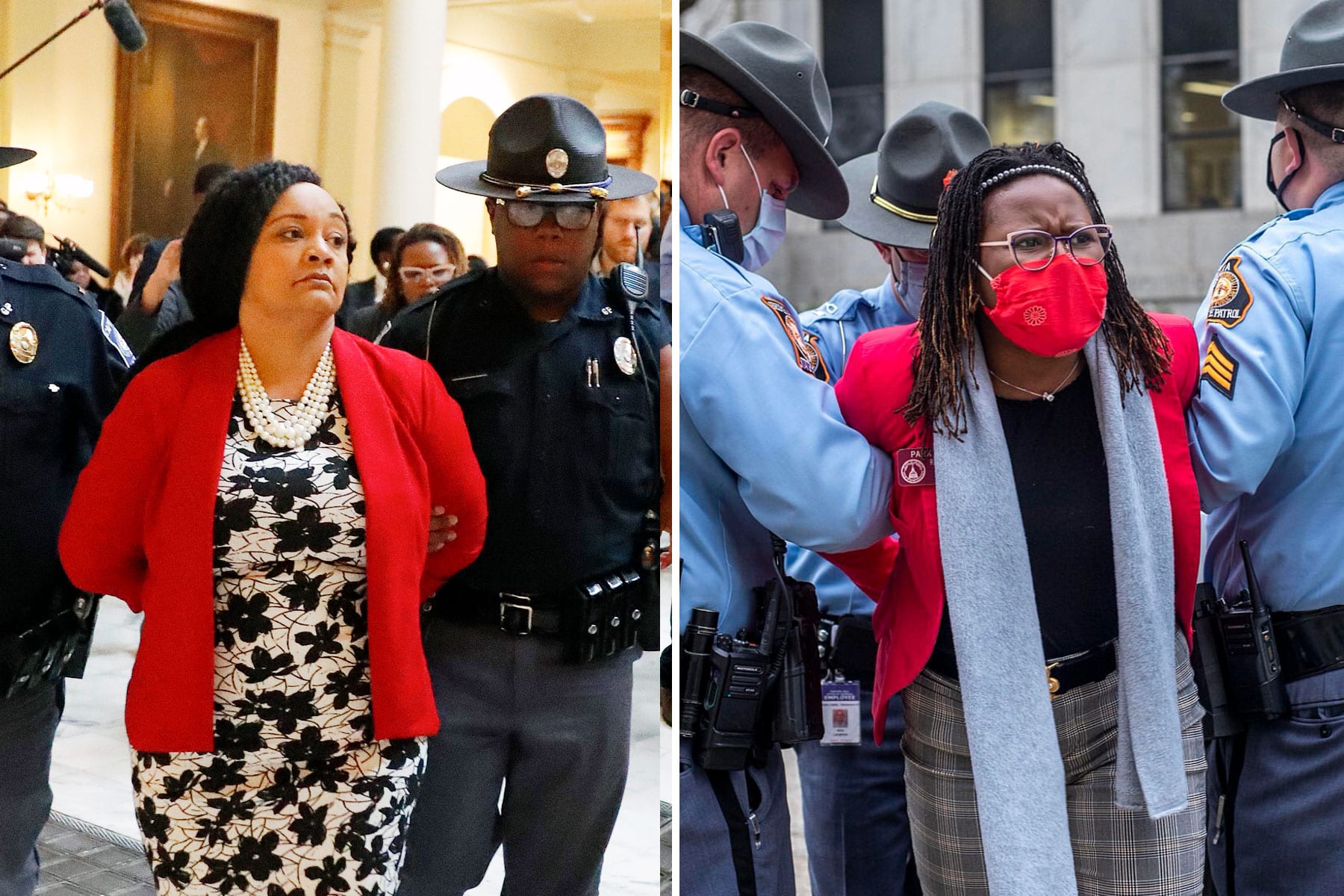 A composite image of Sen. Nikema Williams (D-Atlanta) and Georgia state Rep. Park Cannon being arrested.