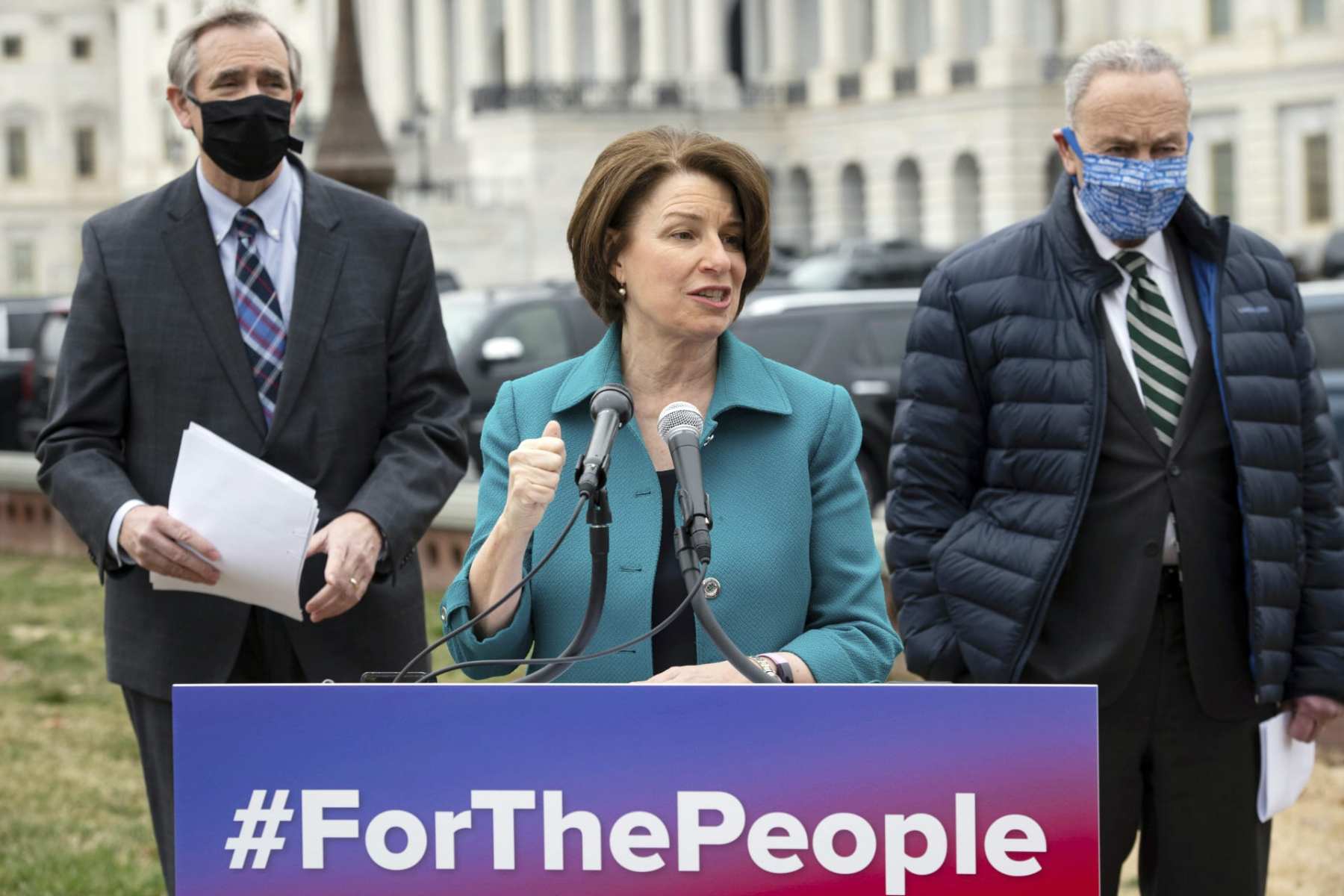 Amy Klobuchar speaks at the Capitol on the For the People Act