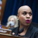 Representative Ayanna Pressley (D-MA) asking questions at a House Oversight and Reform Committee hearing.