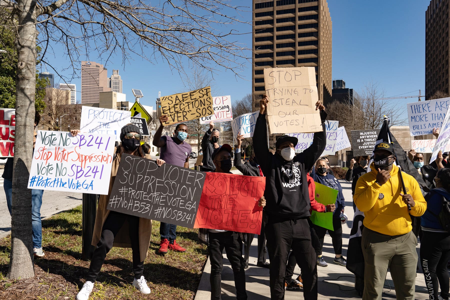 Demonstrators gathered outside the Georgia Capitol in opposition of the HB 531 bill.