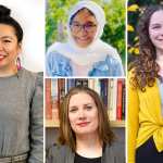 Poetry teacher, Janice Lobo Sapigao and her students Sarah Mohammed and Sophia Smith with president and executive director of the Academy of American Poets, Jen Benka.