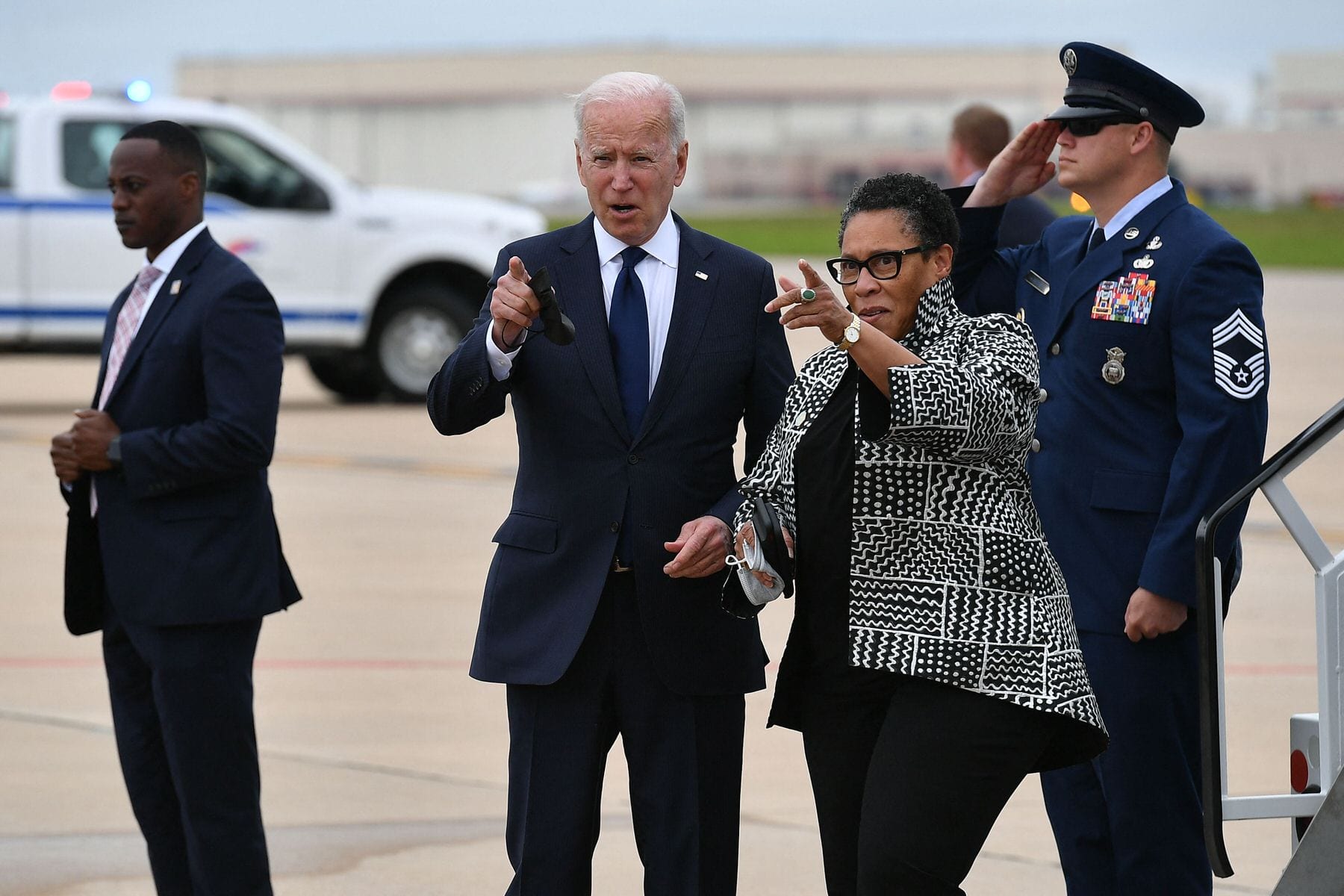 US President Joe Biden and Secretary of Housing and Urban Development Marcia Fudge step off Air Force One upon arrival at Tulsa International Airport in Tulsa, Oklahoma on June 1, 2021.