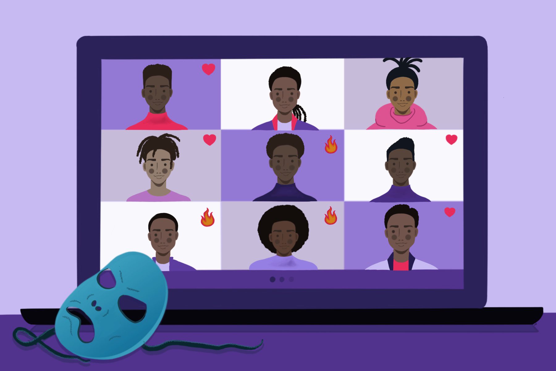 Illustration of a group young Black men on a zoom call.