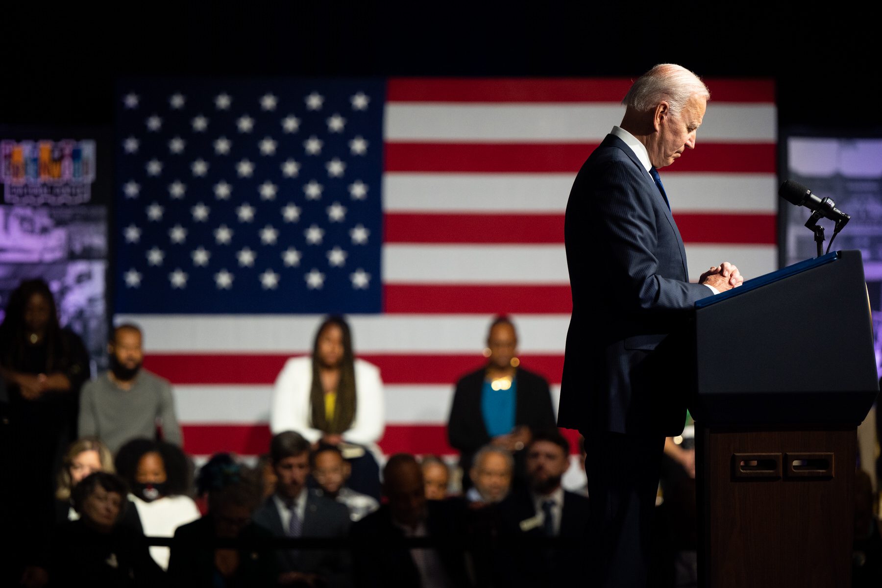 U.S. President Joe Biden takes a moment of silence during commemorations of the 100th anniversary of the Tulsa Race Massacre.