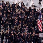 Athletes of team USA enjoy the atmosphere during the Opening Ceremony of the Tokyo 2020 Olympic Games.