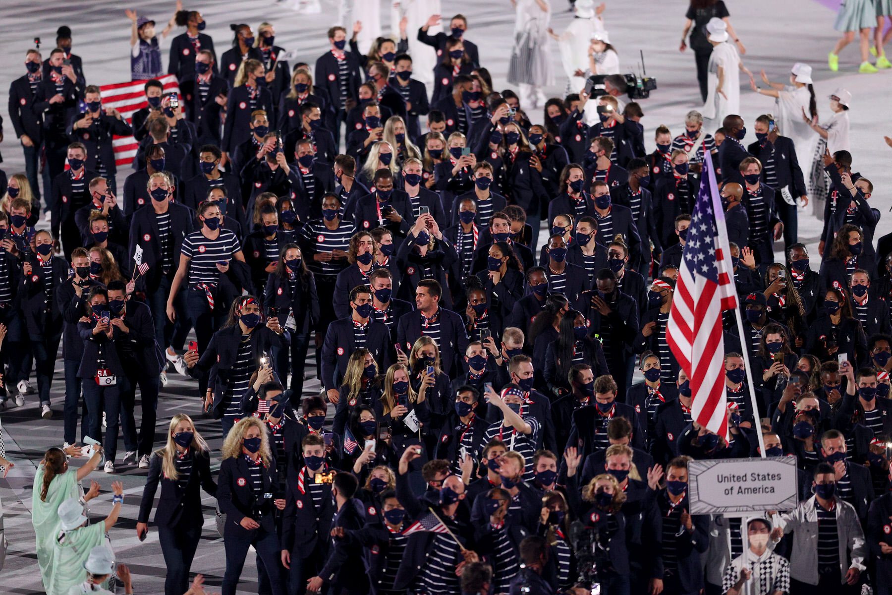 Athletes of team USA enjoy the atmosphere during the Opening Ceremony of the Tokyo 2020 Olympic Games.