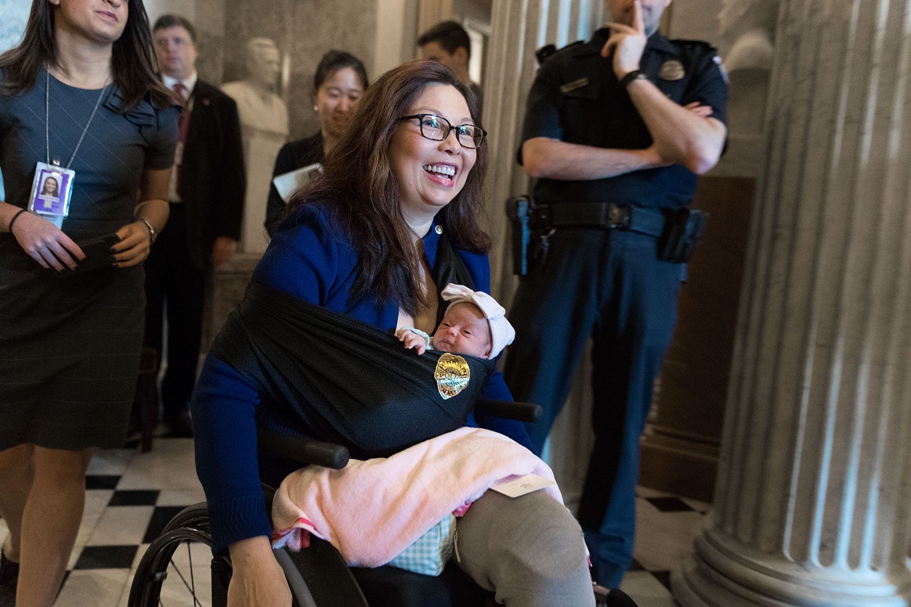 U.S. Sen. Tammy Duckworth (D-IL) leaves the Senate Chamber after a vote with her newborn baby daughter Maile Pearl Bowlsbey at the U.S. Capitol on Take Your Daughters and Sons To Work Day, April 26, 2018