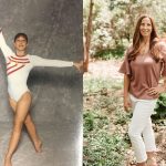 A diptych of Emily Meinke (as a young girl in a gymnastics portrait) next to a recent portrait.