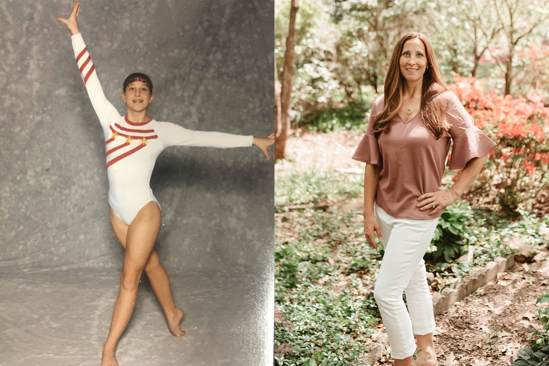 A diptych of Emily Meinke (as a young girl in a gymnastics portrait) next to a recent portrait.