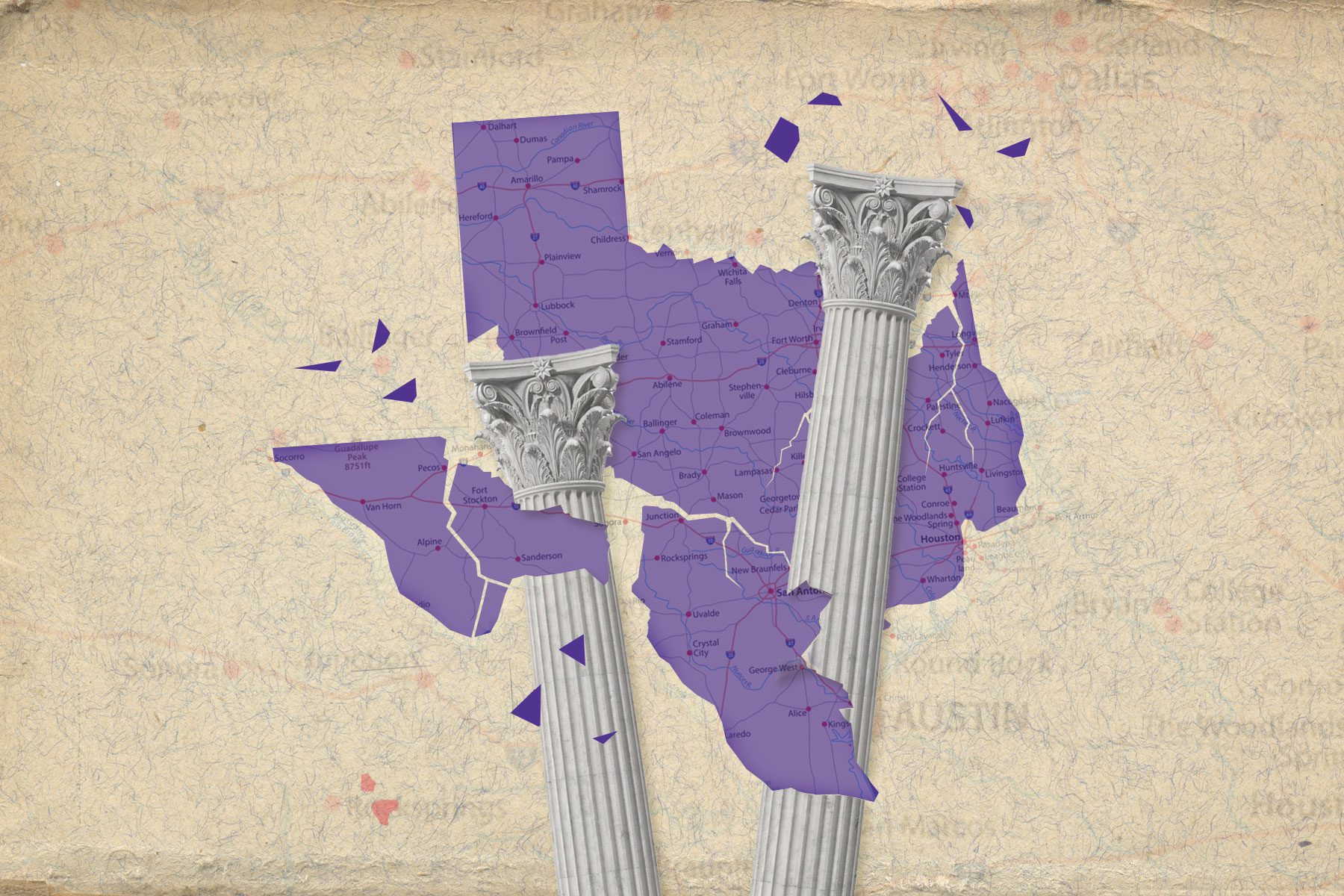 Illustration of stately corinthian columns breaking up the state of Texas.