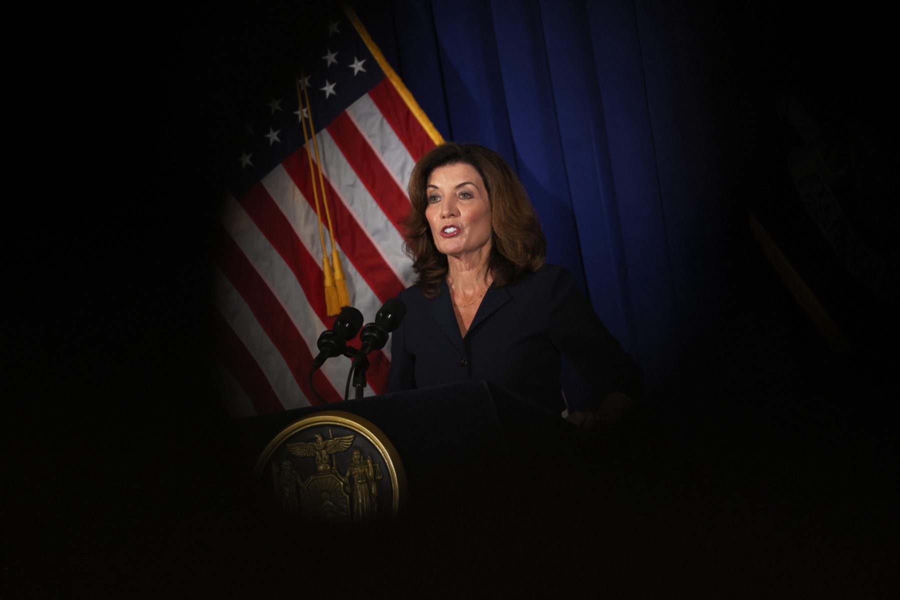 Kathy Hochul speaks during a press conference.