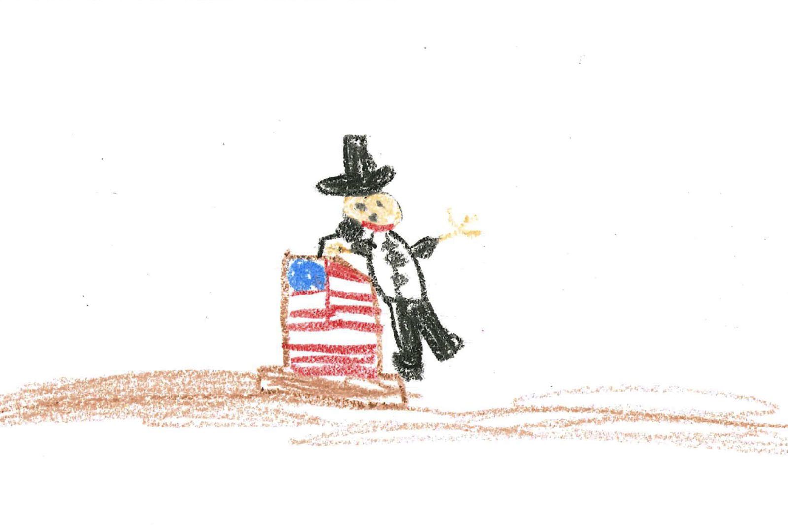 A child's drawing is pictured. The child drew what appears to be a male figure wearing a black outfit and black hat giving a speech at a podium. The podium is decorated with an American flag.