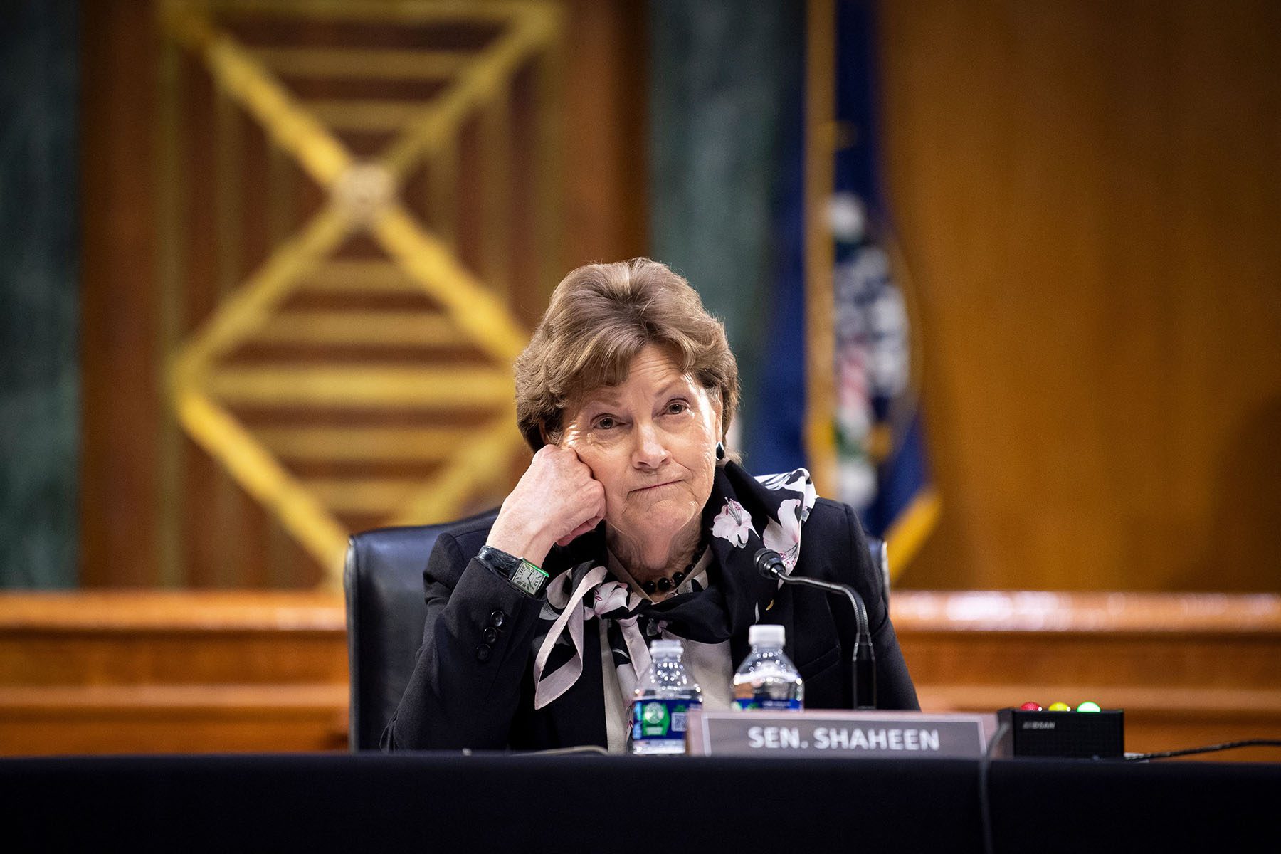 Sen. Shaheen sits behind a desk on Capitol Hill.