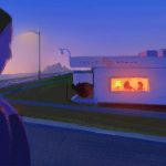 In this illustration, a figure approaches the Trust Women clinic in Wichita, Kansas at dusk. A warm glow comes from the clinic's window where two more figures are seen.