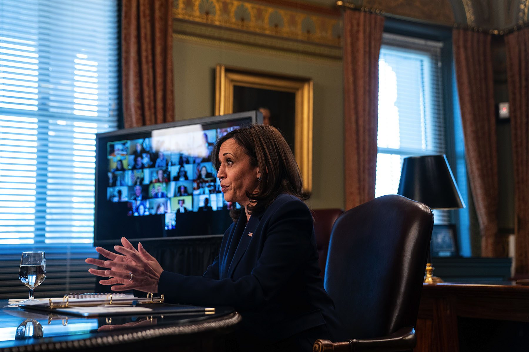 Kamala Harris speaks during a meeting inside the White House.