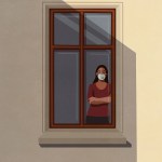 An illustration of a woman standing at a window wearing a face mask.