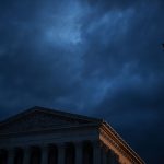 A view of the U.S. Supreme Court under a cloudy sky.