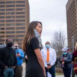 Bee Nguyen speaks to demonstrators outside the Georgia State Capitol.