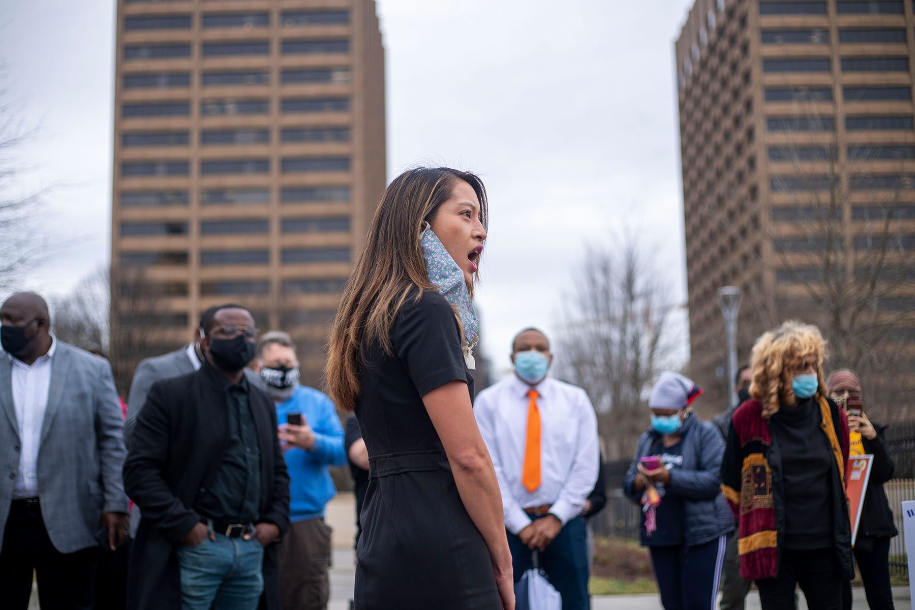 Bee Nguyen speaks to demonstrators outside the Georgia State Capitol.