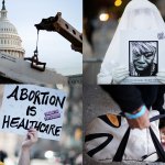 4 images show the U.S. Capitol, an abortion rights protesters, a baby in a baby carrier and a vigil at the Transgender Day of Remembrance