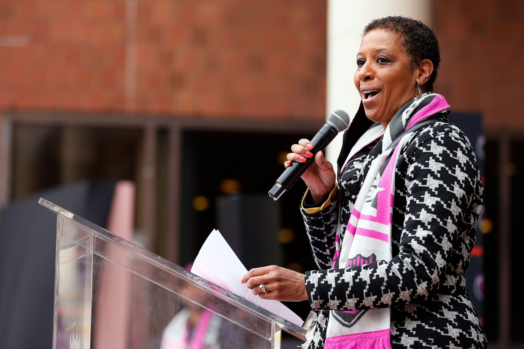 Adrienne Adams speaks at a podium during a press conference.