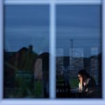 A woman is seen on a computer through a window.