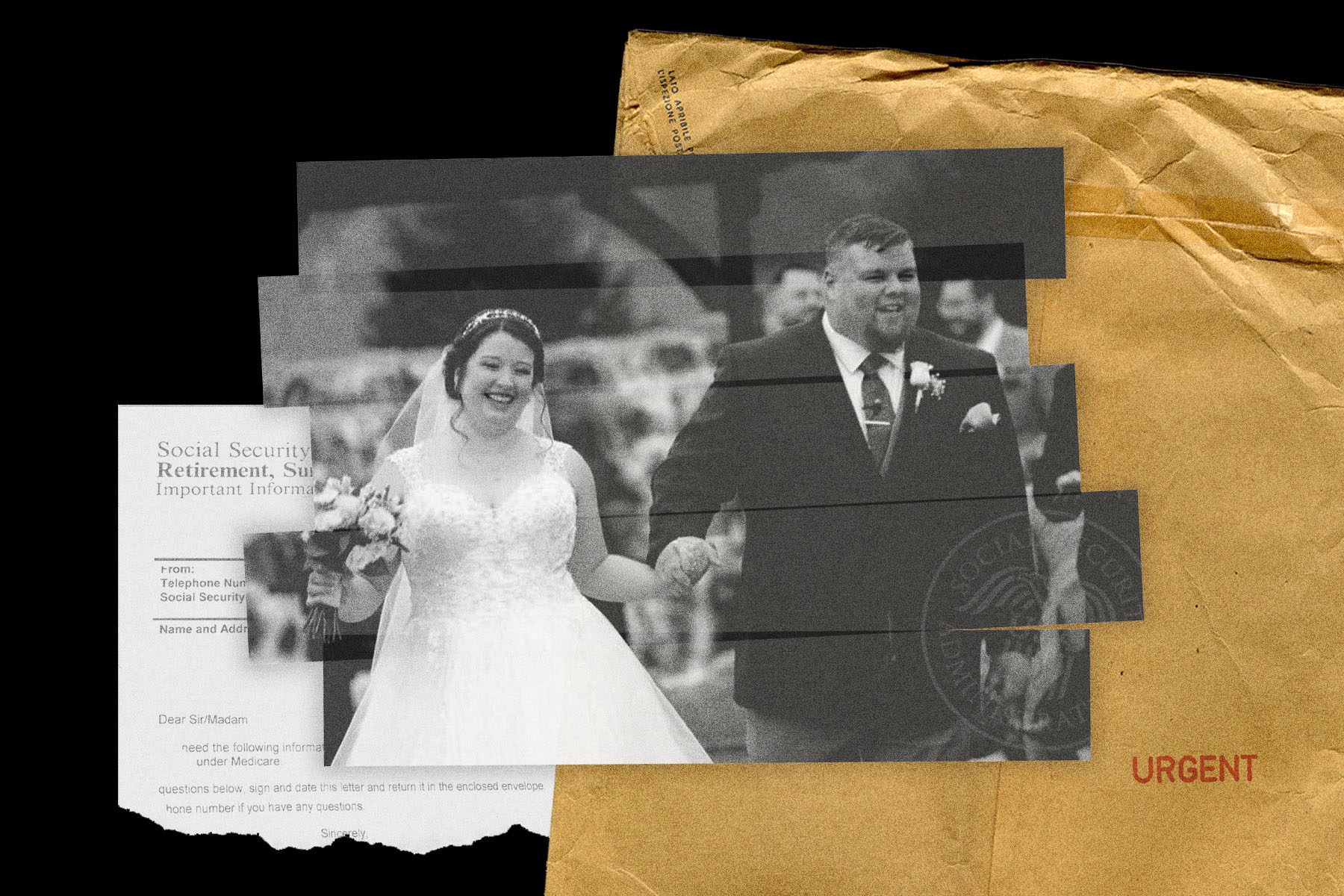 A photo illustration of a woman and her husband on a their wedding day with official envelopes in the background.