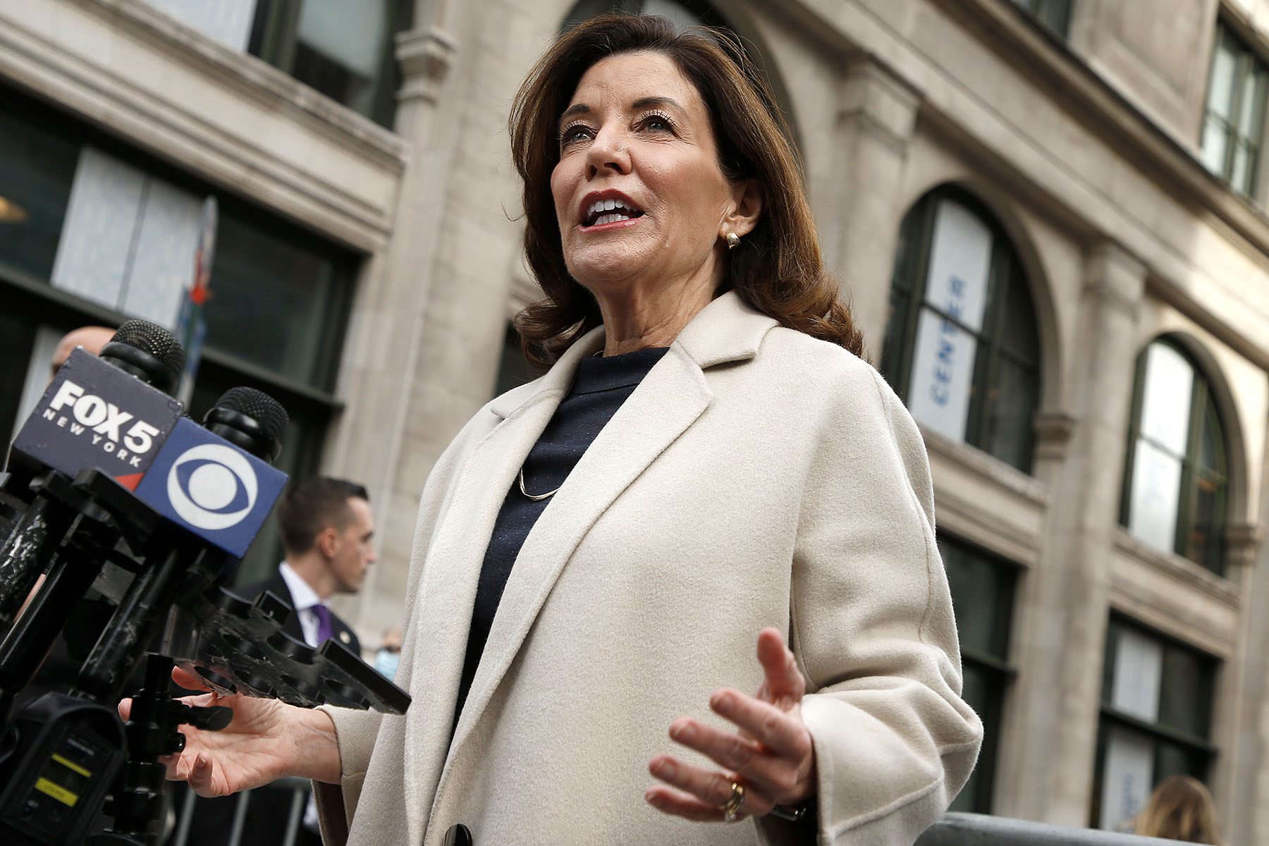 Kathy Hochul addresses the media in New York City.