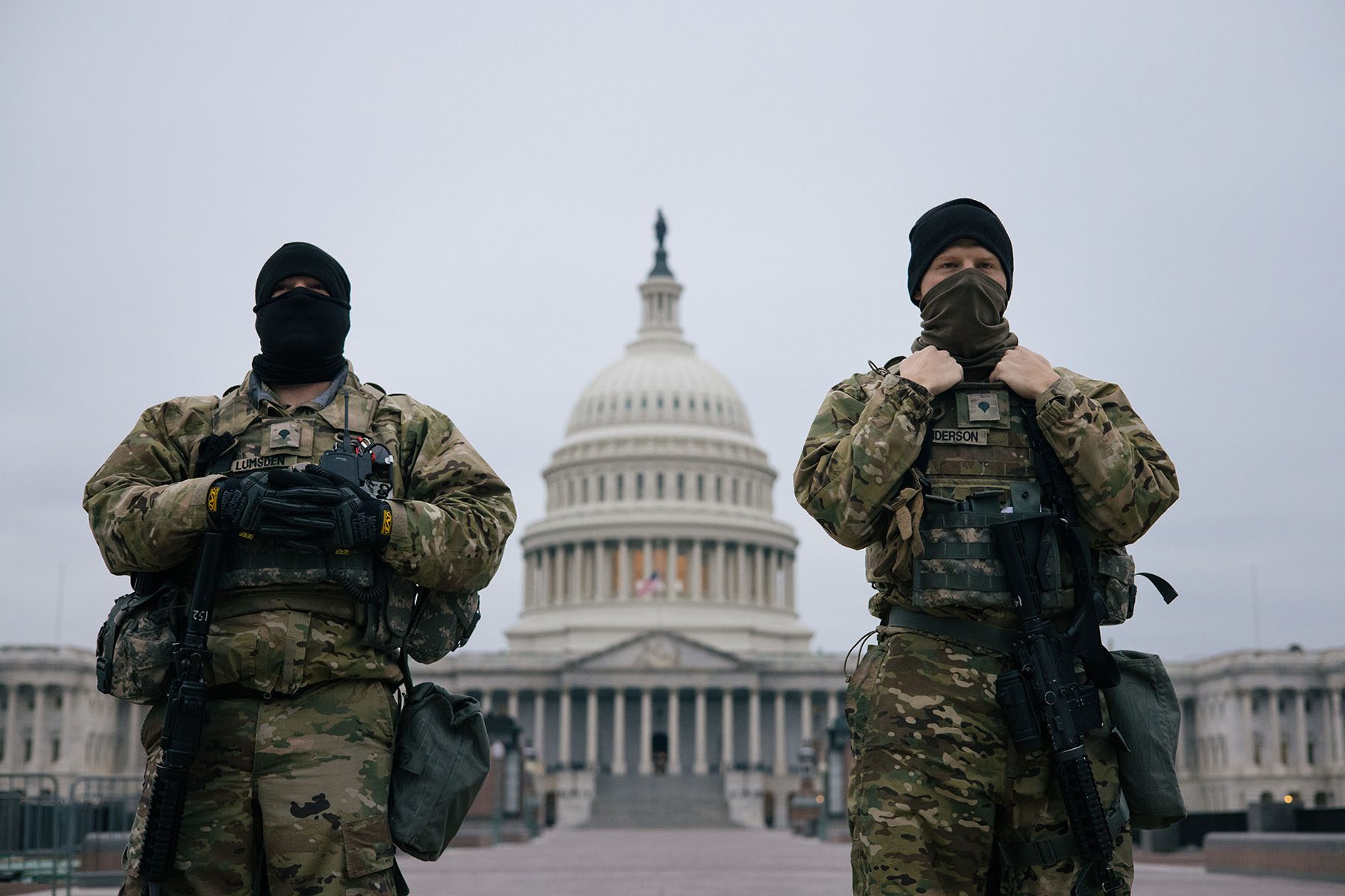 Michigan National Guard soldiers stand guard in front of the U.S. Capitol