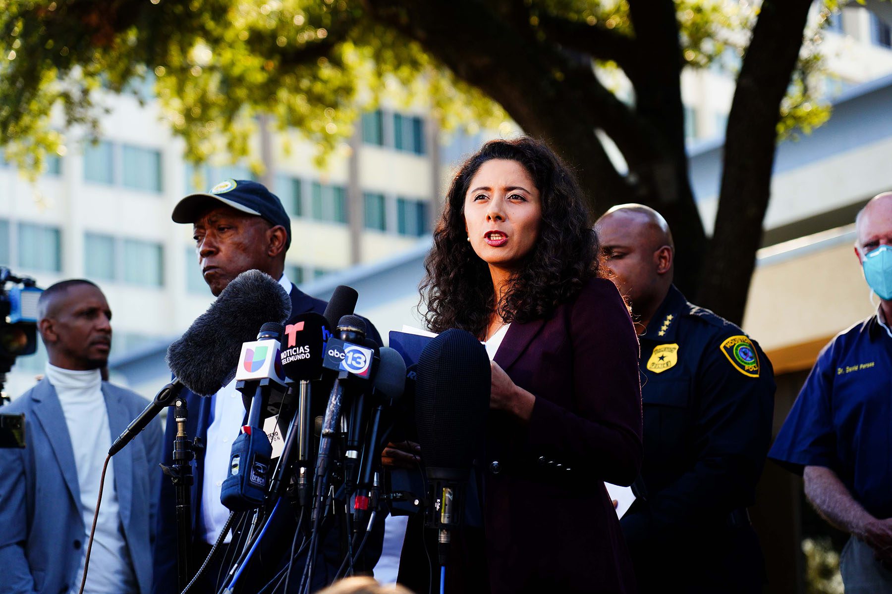 Lina Hidalgo speaks at a press conference.