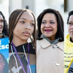 Collage of 4 portraits of women rallying near the Supreme Court.