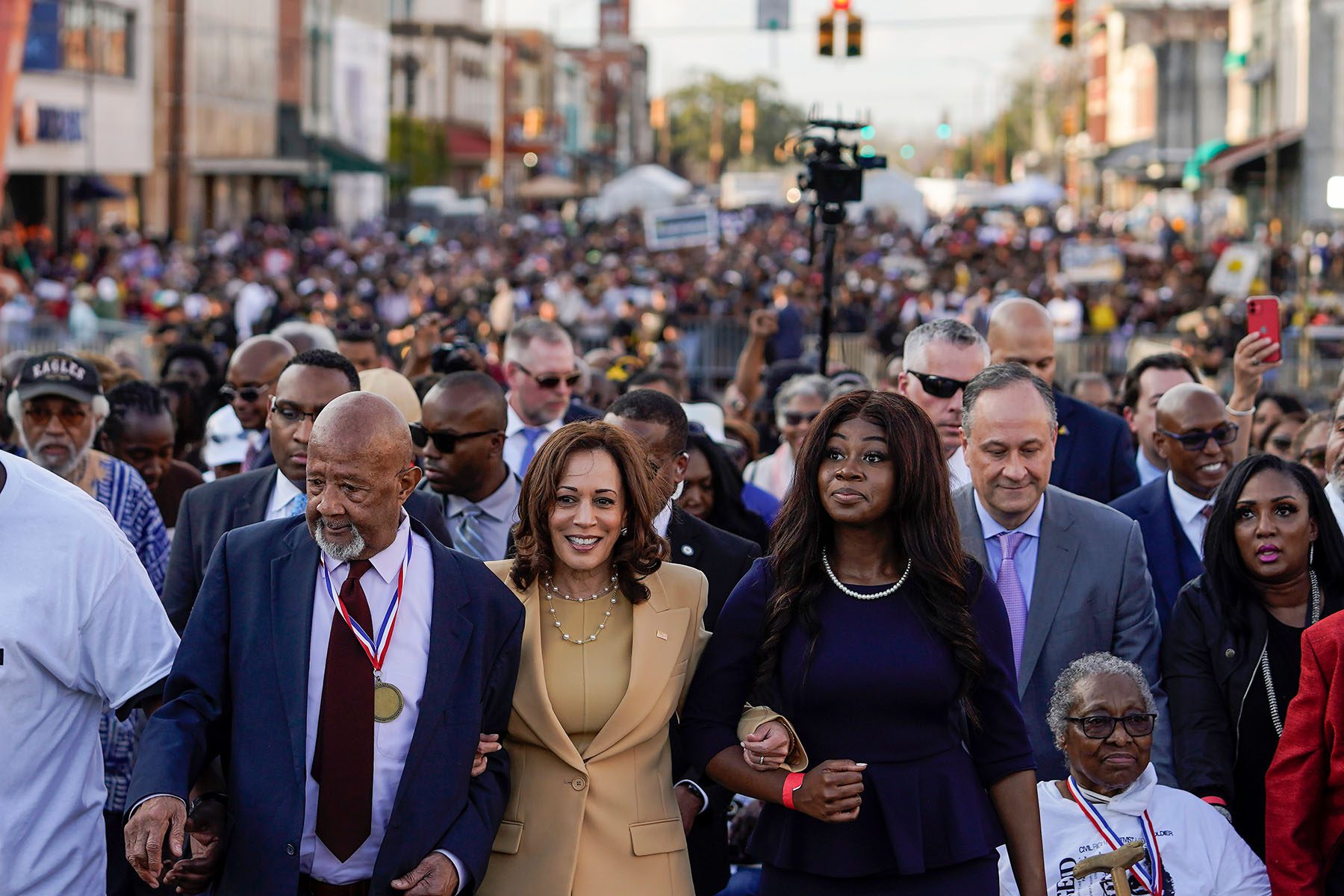 Harris marches on the Edmund Pettus Bridge.