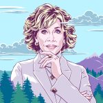 An illustrated portrait of Jane Fonda in the midst of mountains, lakes and pine trees.